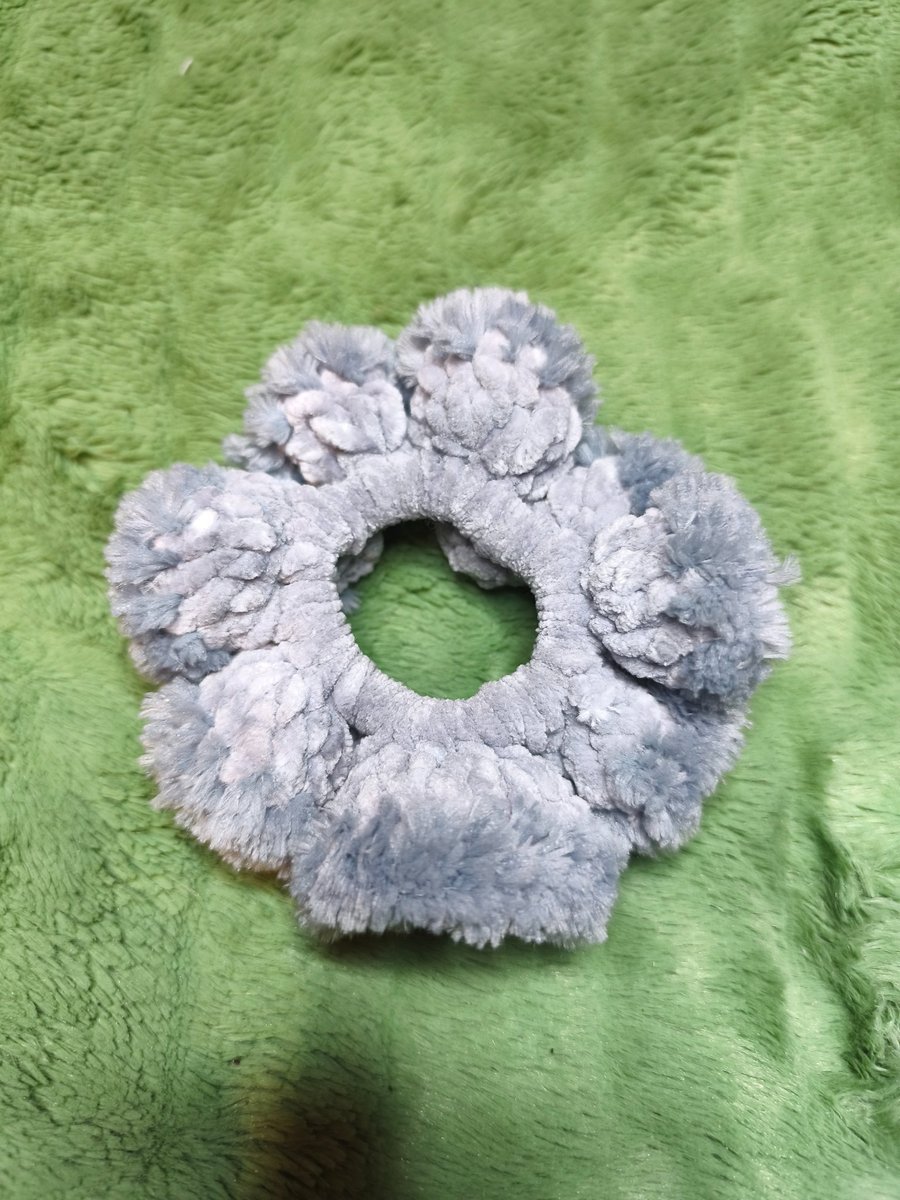 Silver with Grey Fur Trim Medium Scrunchies Hair Tie
