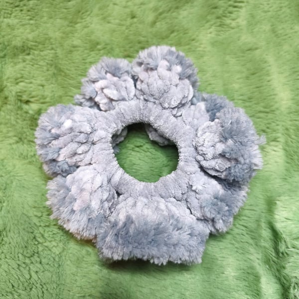 Silver with Grey Fur Trim Medium Scrunchies Hair Tie