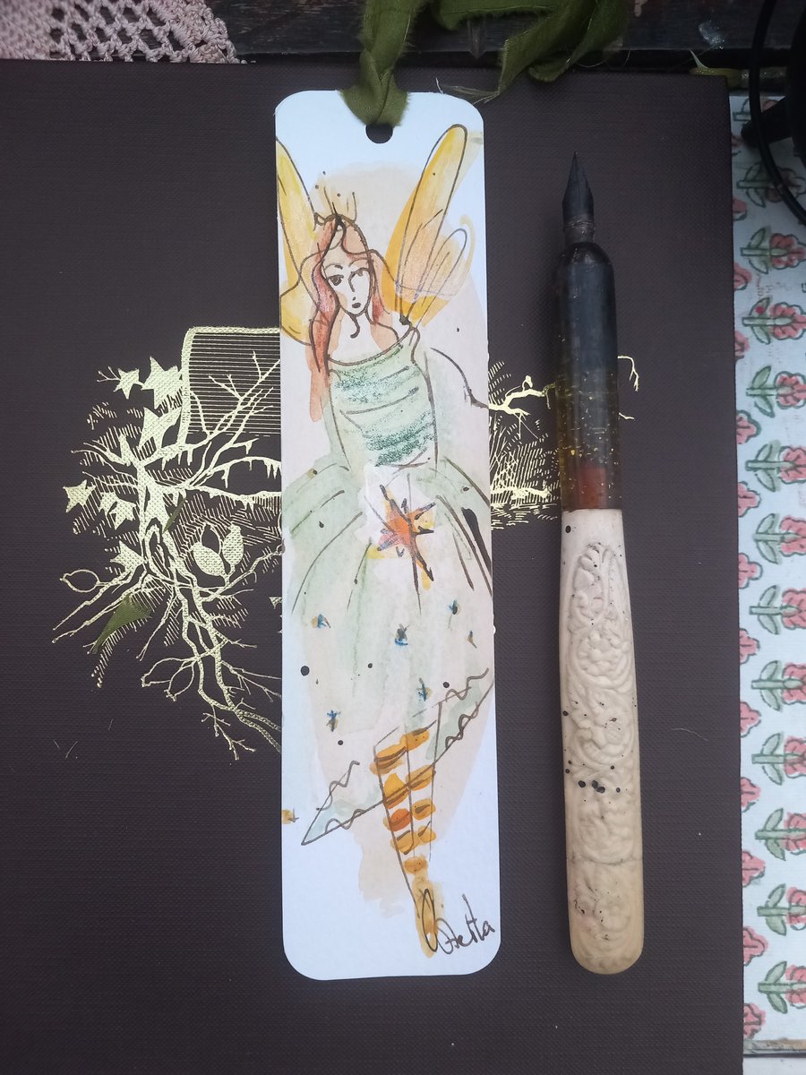  'Fairy' 'Hand drawn and painted bookmark with silk ribbon '
