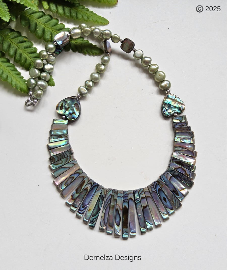 Designer Abolone Shell & Sage Green Baroque Freshwater Culture Pearl Necklace 