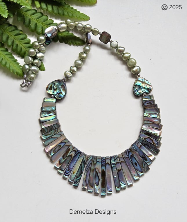 Designer Abolone Shell & Sage Green Baroque Freshwater Culture Pearl Necklace 