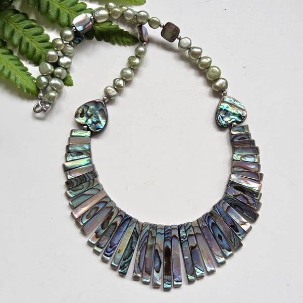 Designer Abolone Shell & Sage Green Baroque Freshwater Culture Pearl Necklace 