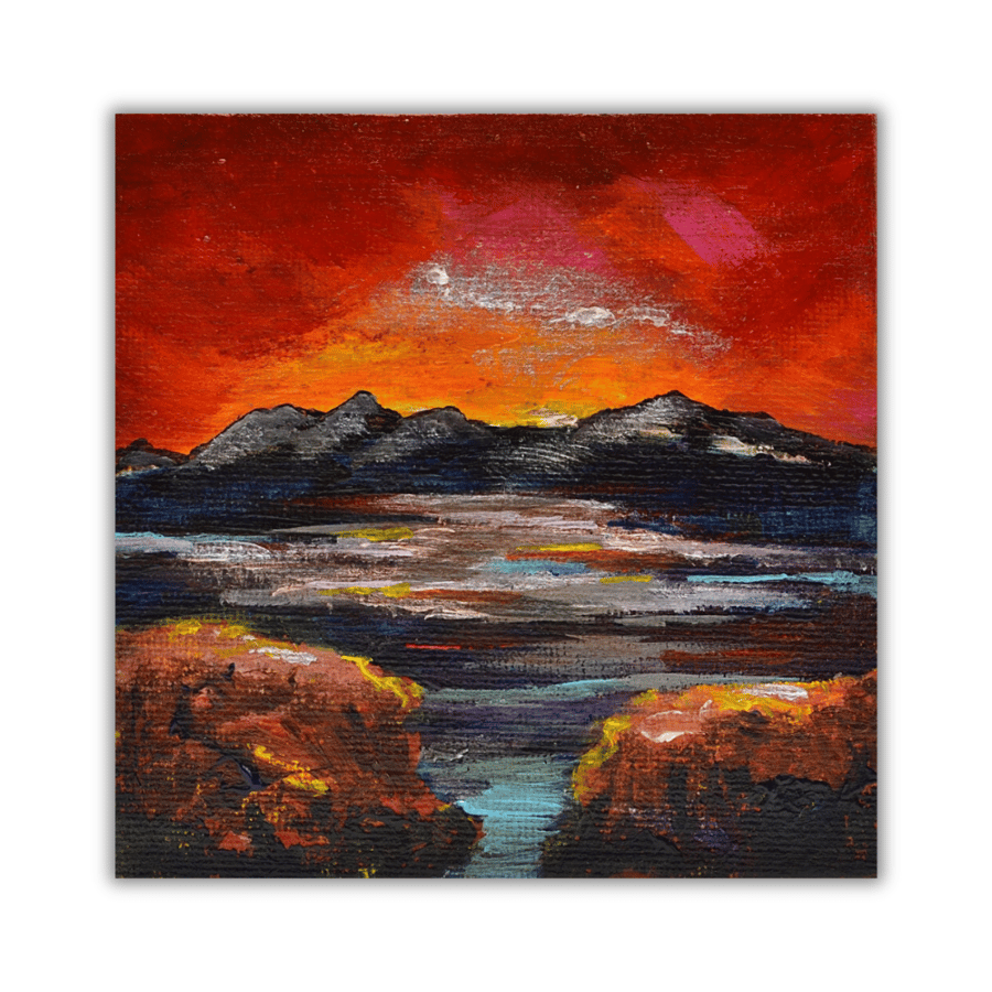 Framed acrylic painting - Scottish landscape - red sky - coast