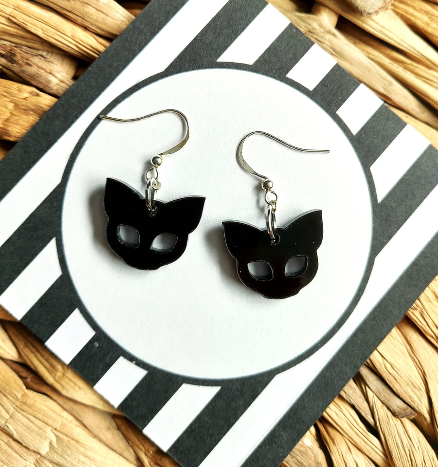 Halloween Black Cat Earrings, Spooky Jewellery, Handmade Birthday Gift
