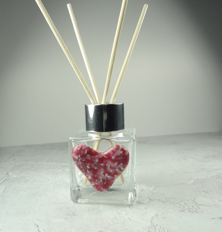 Handcrafted pink heart decorated fused glass reed diffuser – A unique gift