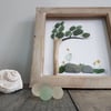 Rustic framed sea glass artwork, flowers and bird picture
