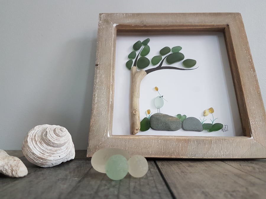 Rustic framed sea glass artwork, flowers and bird picture