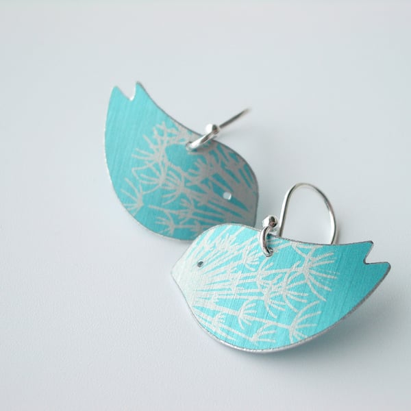 Bird earrings with dandelion clock seed print in turquoise and silver