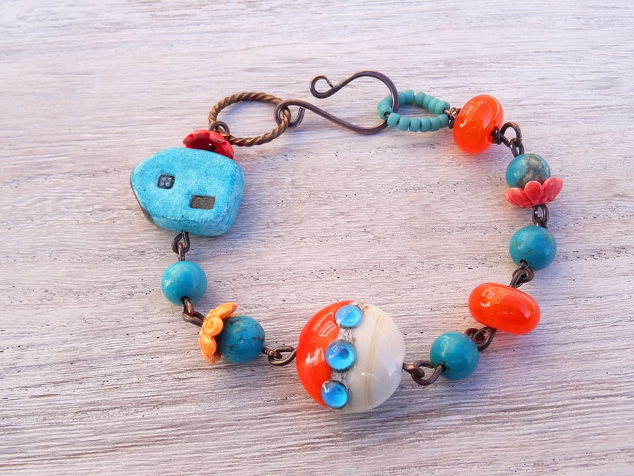 Lampwork Glass Bracelet, Orange Bracelet, Turquoise Bracelet, Boho Bracelet.