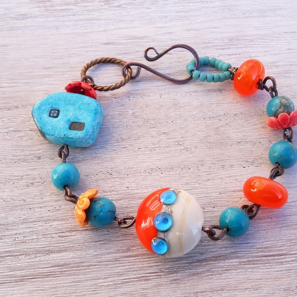 Lampwork Glass Bracelet, Orange Bracelet, Turquoise Bracelet, Boho Bracelet.