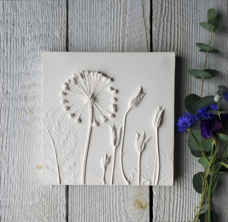Allium, Aquilegia & Fern Plaster Cast Wall Plaque