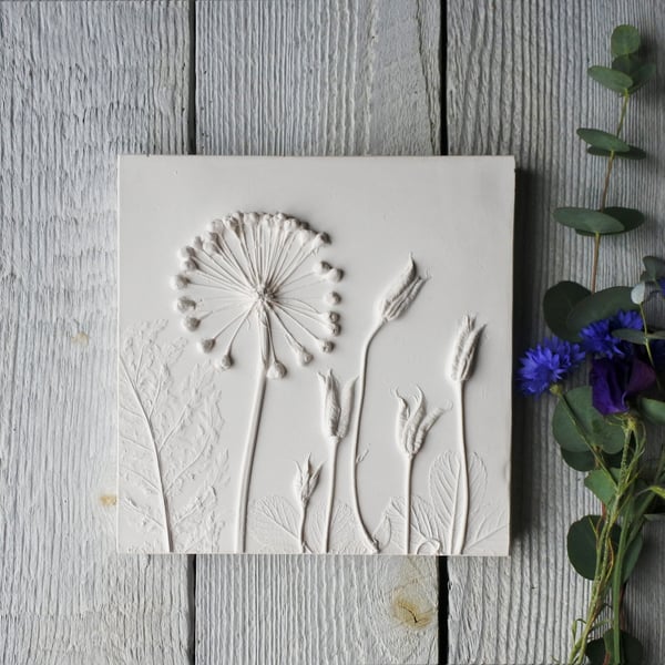 Allium, Aquilegia & Fern Plaster Cast Wall Plaque