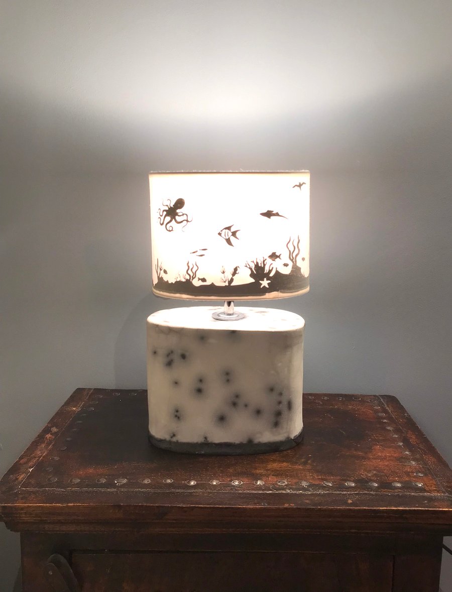 Naked Raku Lamp with Ocean Scene Lampshade