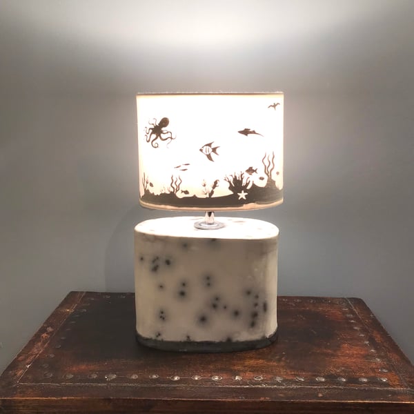 Naked Raku Lamp with Ocean Scene Lampshade