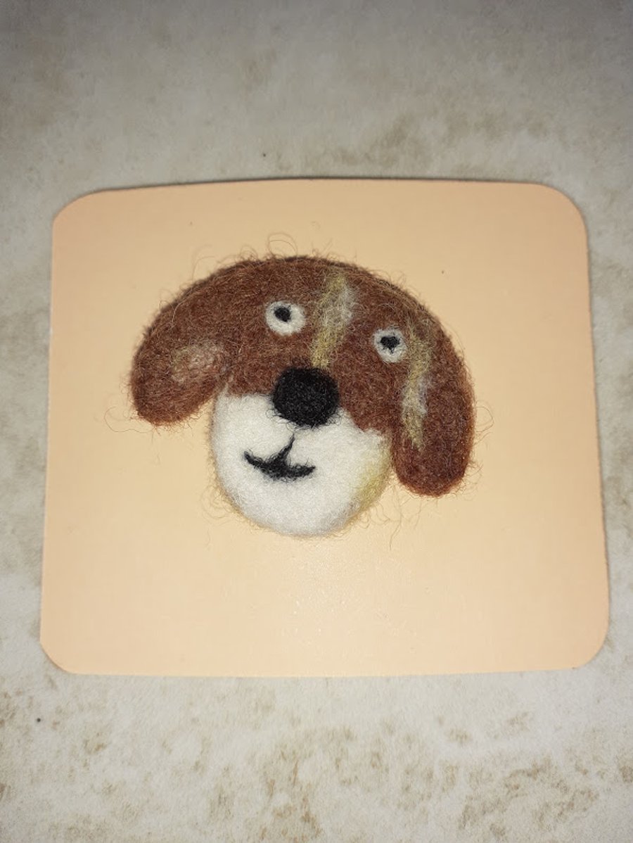 Needle Felted Brown and White Dog Brooch