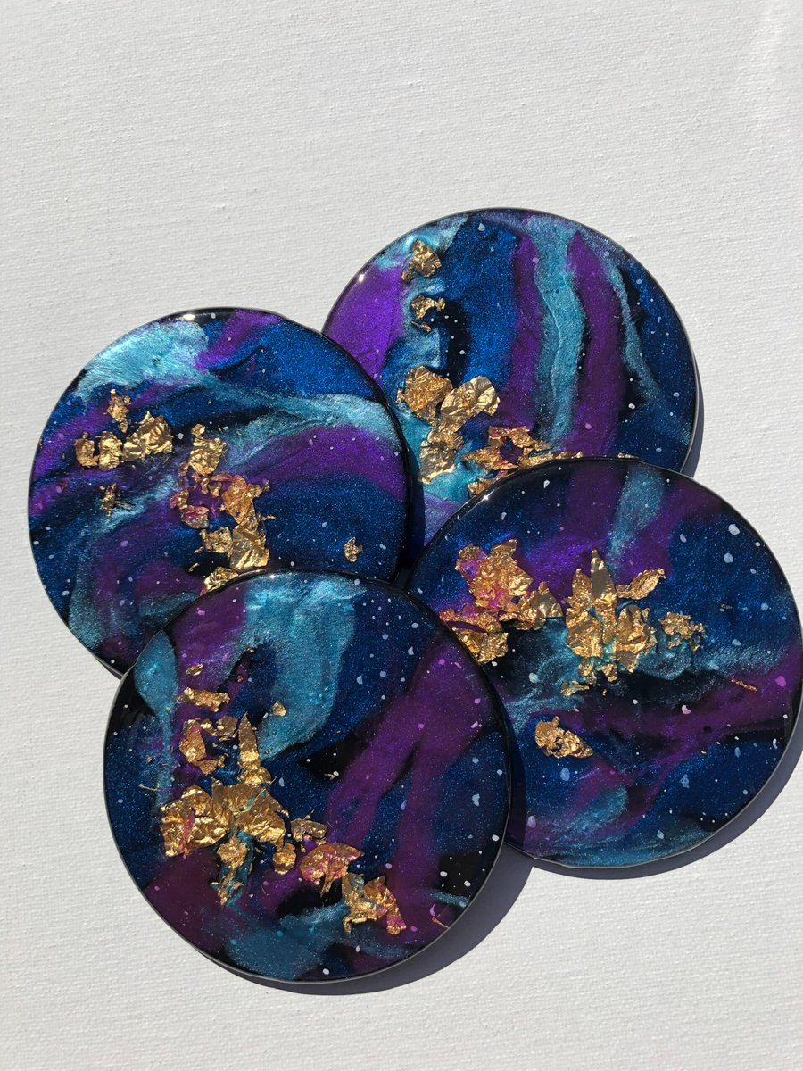 Galaxy inspired, lightweight, coasters, shimmering, gold leaf, heat and scratch 
