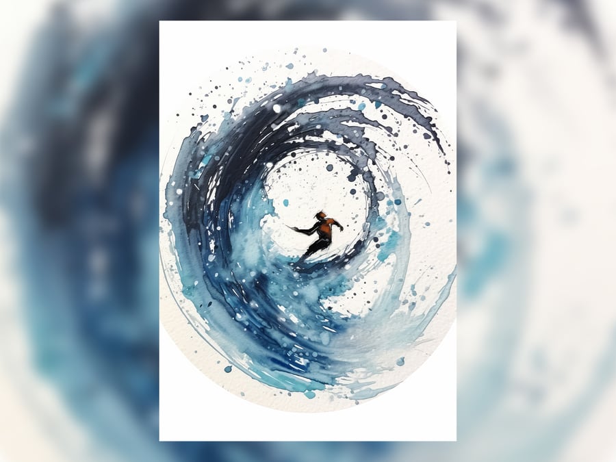 Surfer in a Breaking Wave, 5" x 7" Watercolor Print, Thrilling Ocean Sport Art 