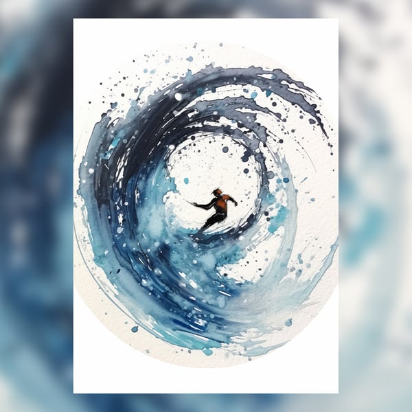 Surfer in a Breaking Wave, 5" x 7" Watercolor Print, Thrilling Ocean Sport Art 