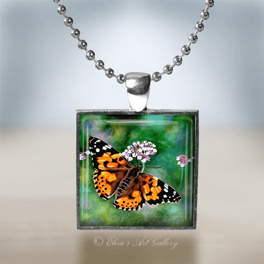 Silver Plated Painted Lady Butterfly Art Pendant Necklace