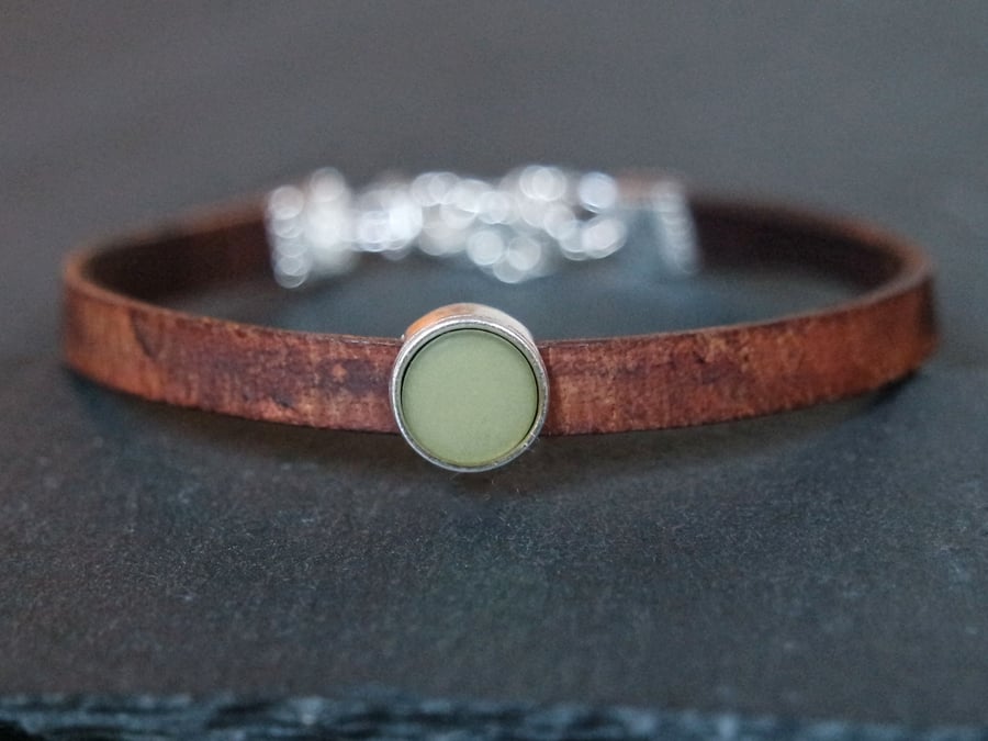 Leather bracelet - dark brown olive silver