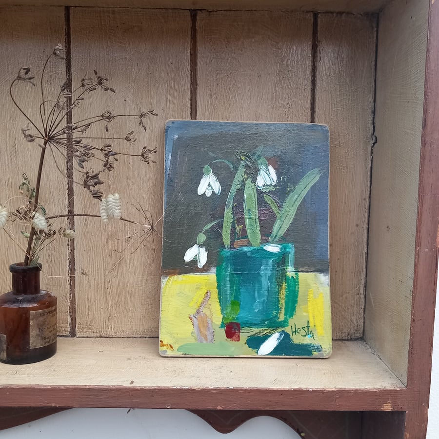 Original snowdrop painting on wood