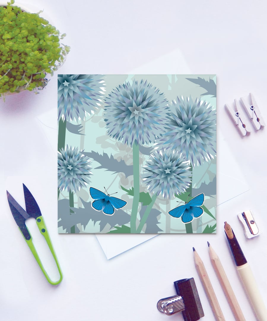 Echinops and Butterfly Card - birthday, floral, summer, Blue Adonis butterfly