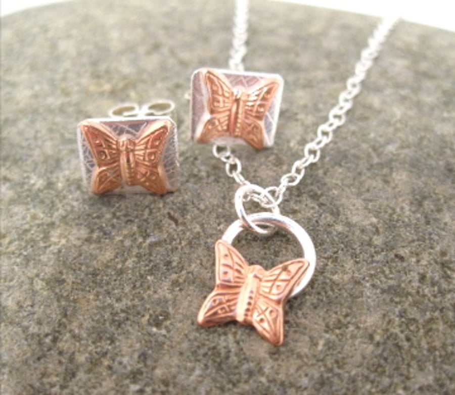 Butterfly Necklace and Earring Jewellery Set Copper & Silver Pendant 