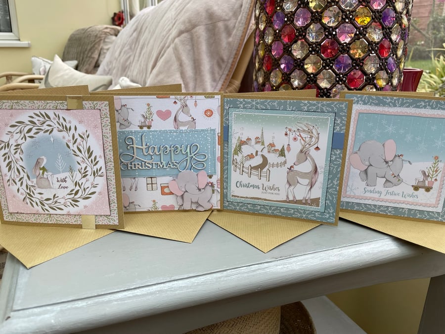 Set of 6 cute christmas cards, elephant, rabbit, deer, robin