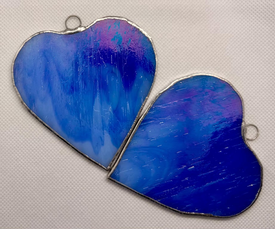Stained glass pair of hearts in royal blue glass, medium sized