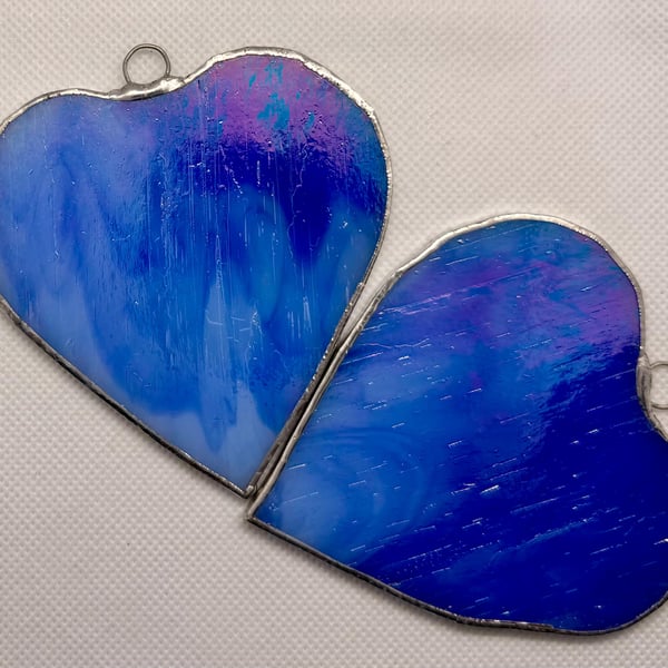 Stained glass pair of hearts in royal blue glass, medium sized