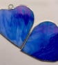 Stained glass pair of hearts in royal blue glass, medium sized