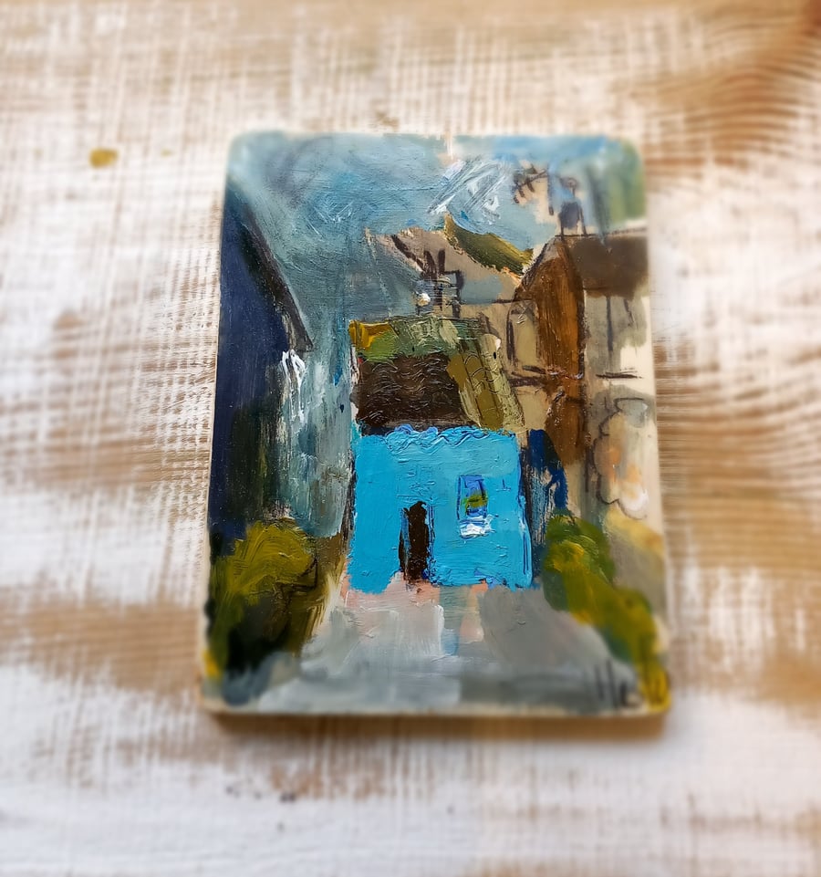 'The blue cottage' small painting on wood