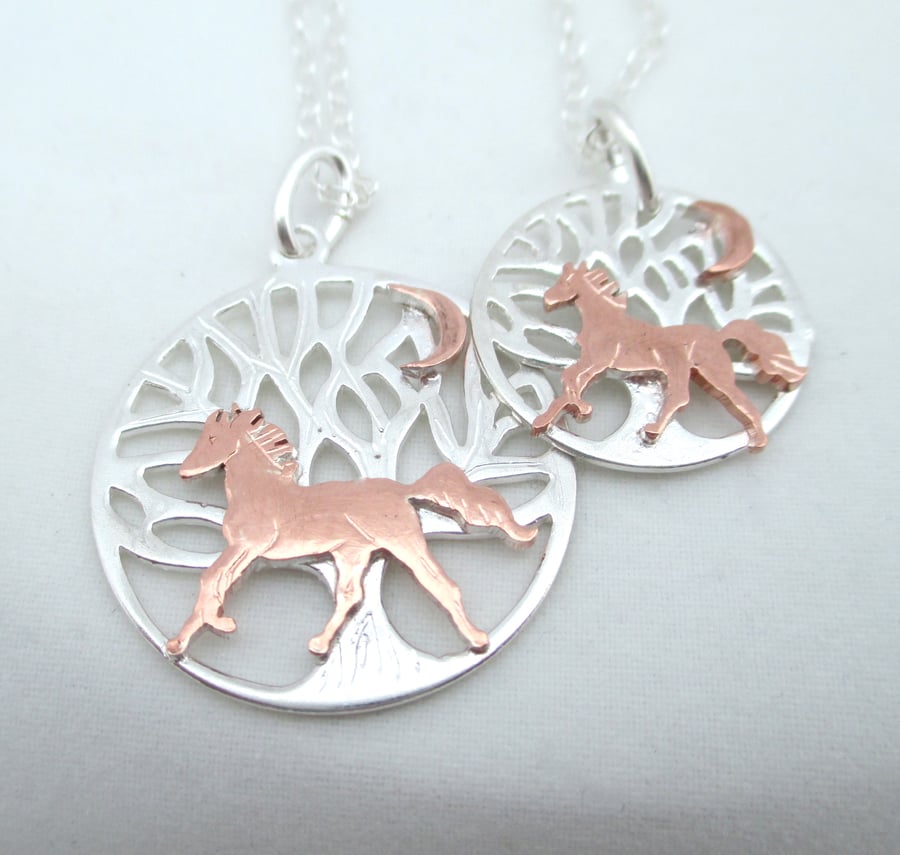 Mother Daughter Horse Tree of Life Necklaces. Two Silver Copper Pendants  