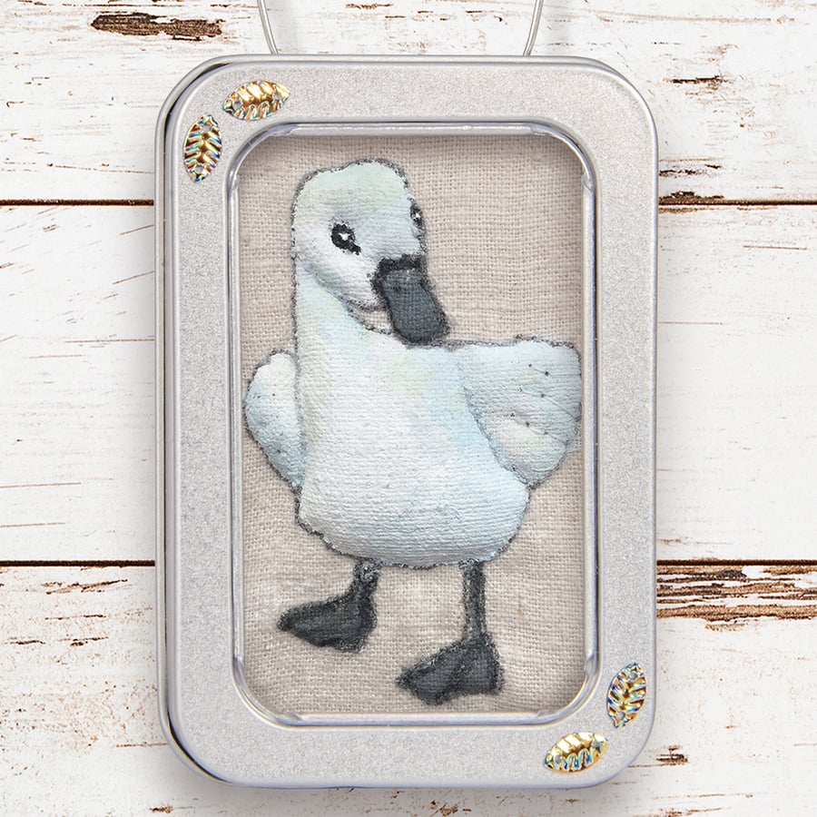 Duck, little fabric duck picture framed in a tin, gift, ornament