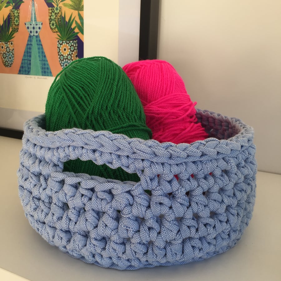 Crochet basket made with upcycled tshirt yarn - blue woven
