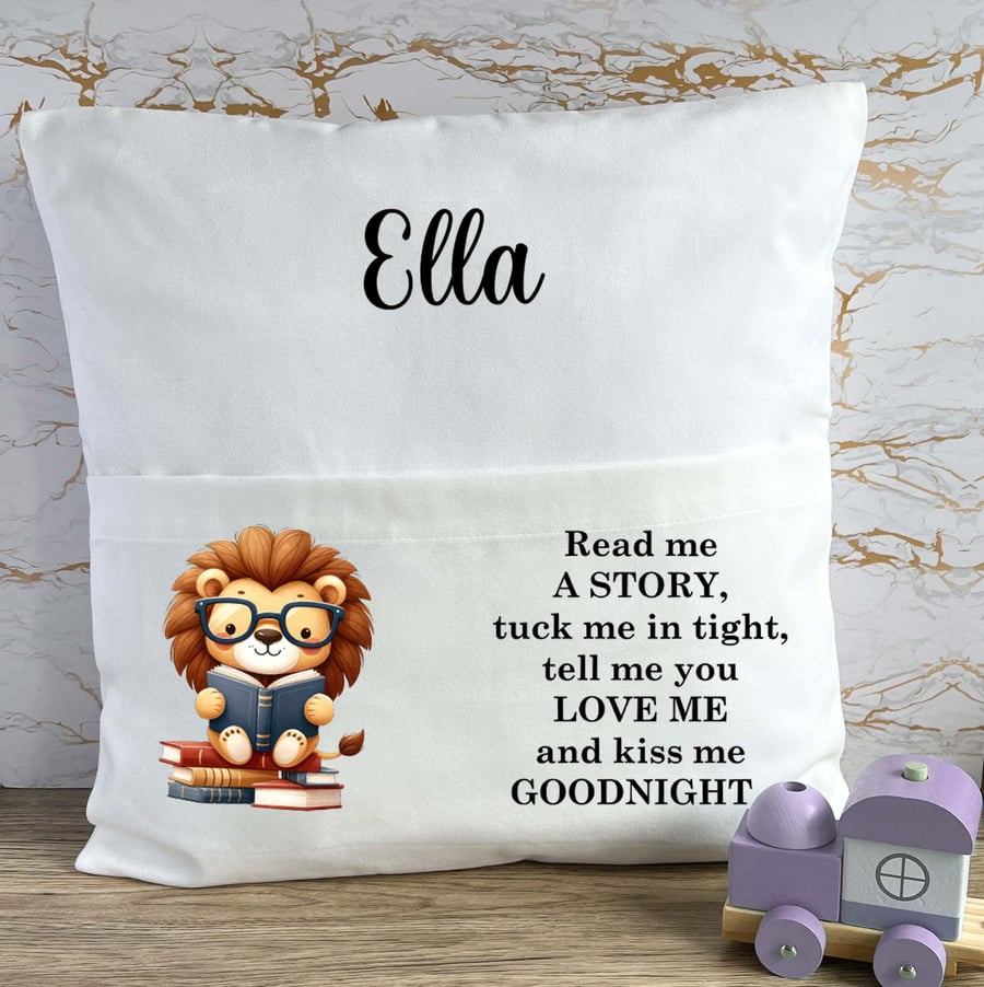 Personalised Lion Book Pocket Cushion, Read Me A Story Reading Cushion