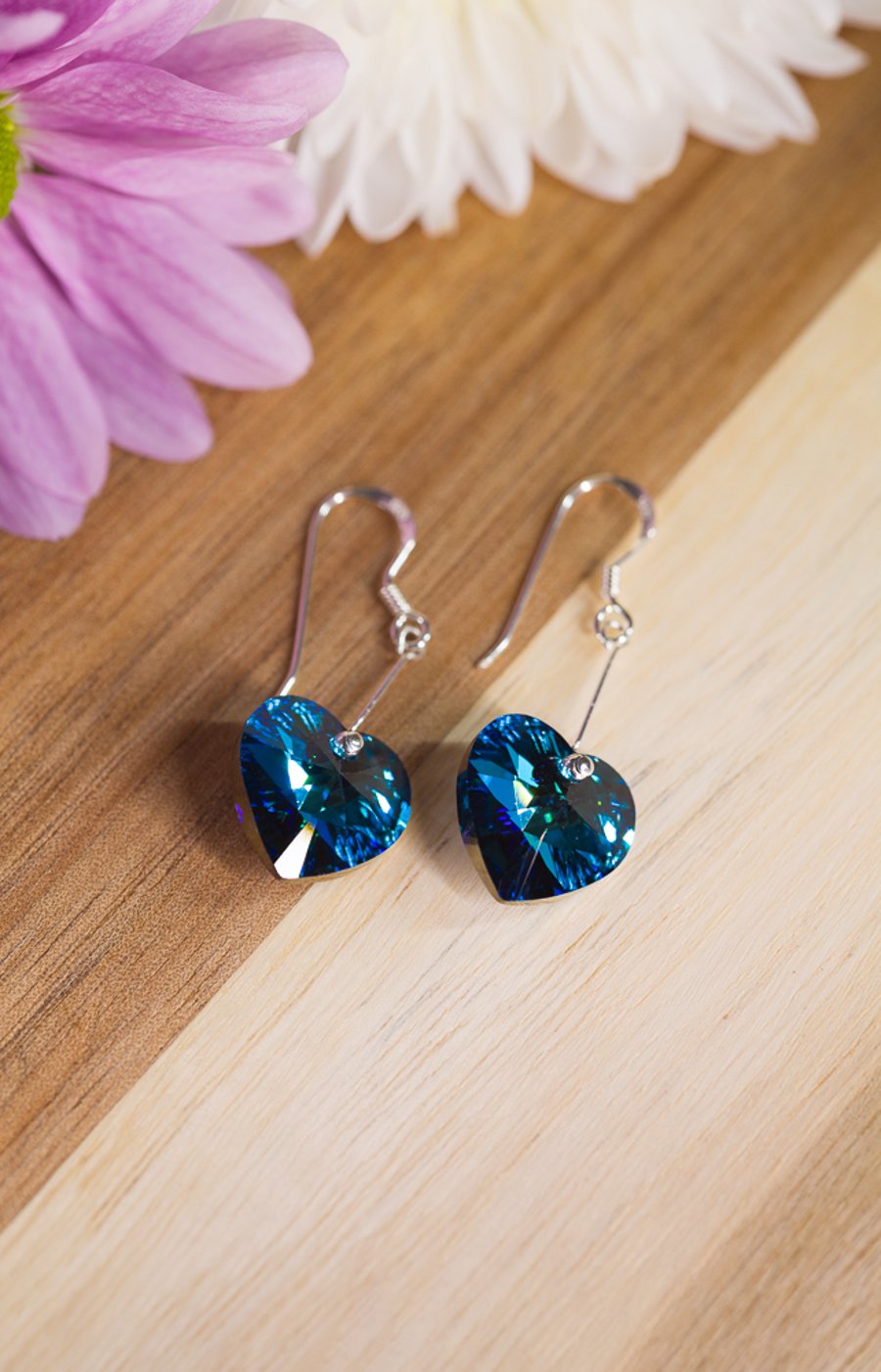Earrings Sterling Silver and sparkly Bermuda Blue Swarovski hearts 