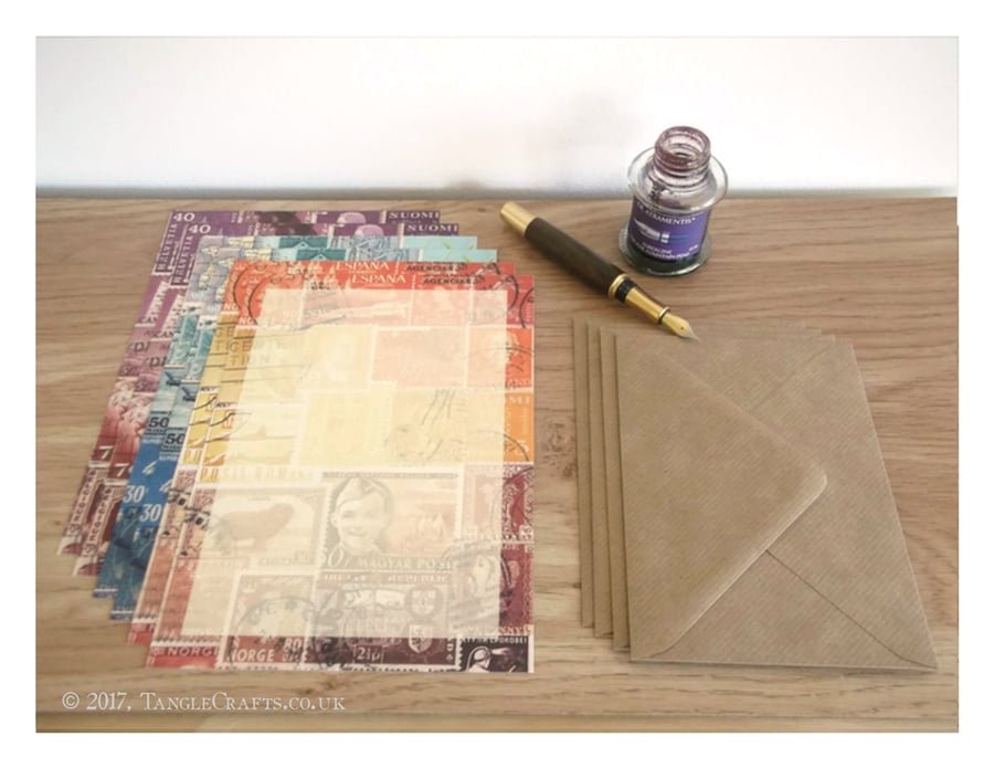 Postage Stamp Writing Paper Set, A5 - 3 Stamp Art Collage Designs