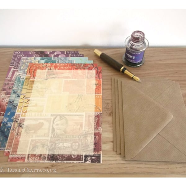 Postage Stamp Writing Paper Set, A5 - 3 Stamp Art Collage Designs