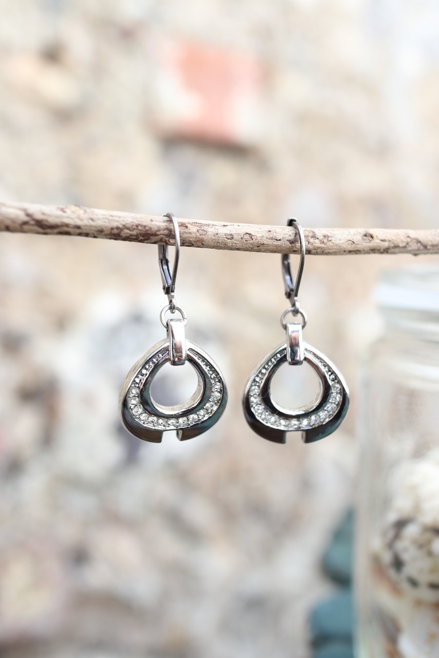 Up-cycled stainless steel decorated with faux diamond earrings