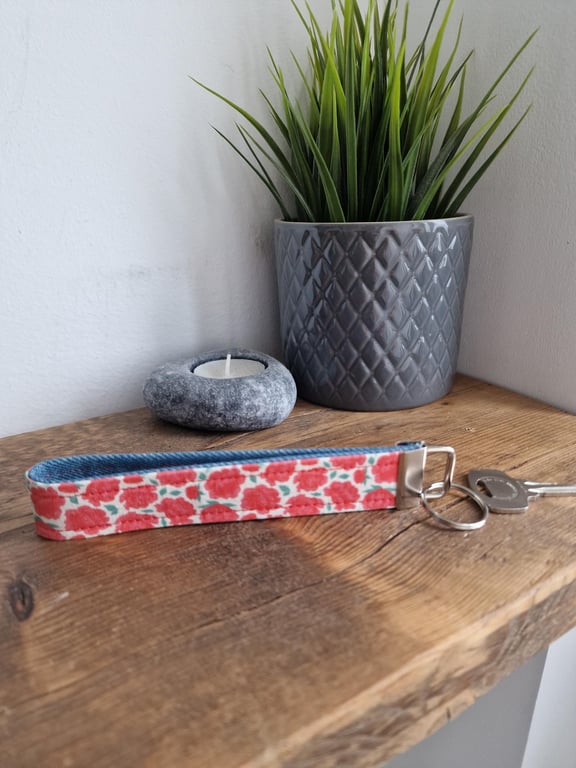 Handmade Pink & White Rose Wristlet Keyring - Upcycled Denim