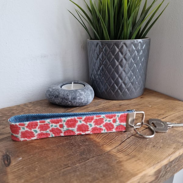 Handmade Pink & White Rose Wristlet Keyring - Upcycled Denim