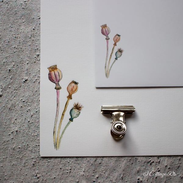 Poppy Seed Head Letter Writing Paper Pack of 10 Hand Designed By CottageRts
