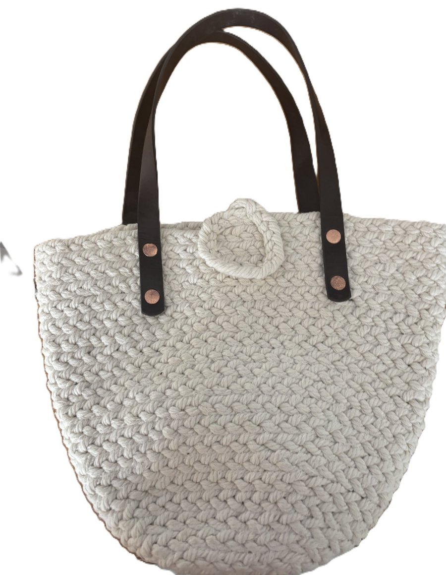 Handmade Plaited Cotton Handbag – Small Bag with Leather Handles