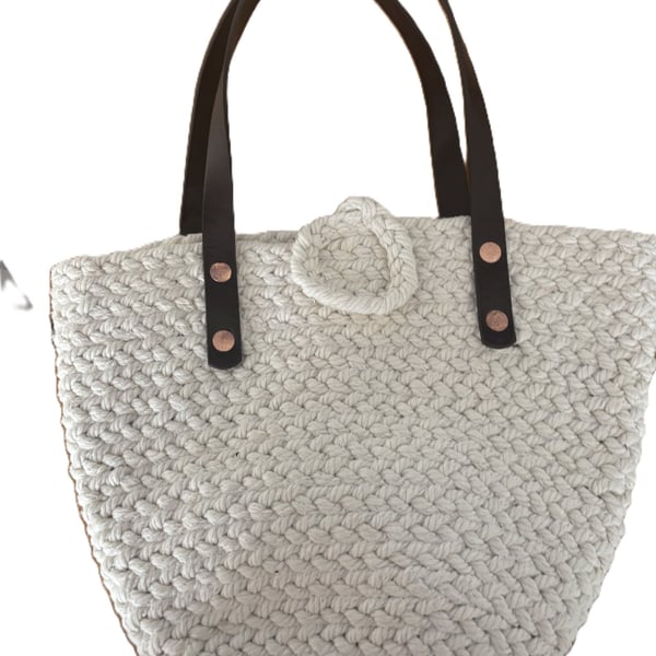 Handmade Plaited Cotton Handbag – Small Bag with Leather Handles