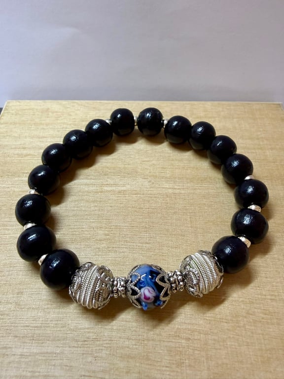Bracelet with Glass Lampwork Bead,Wooden beads, Metal beads