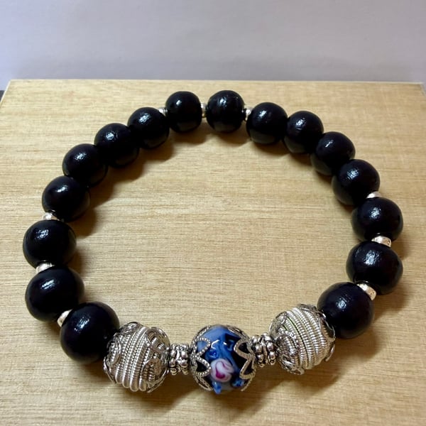 Bracelet with Glass Lampwork Bead,Wooden beads, Metal beads