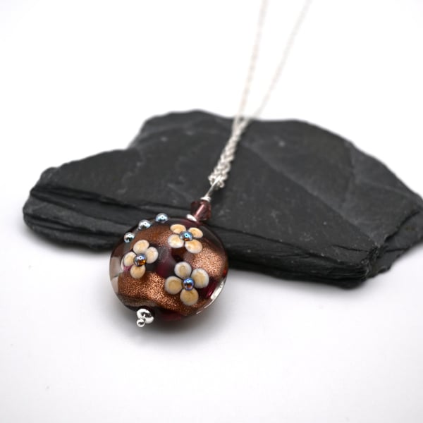 lampwork glass cranberry and goldstone flower pendant necklace