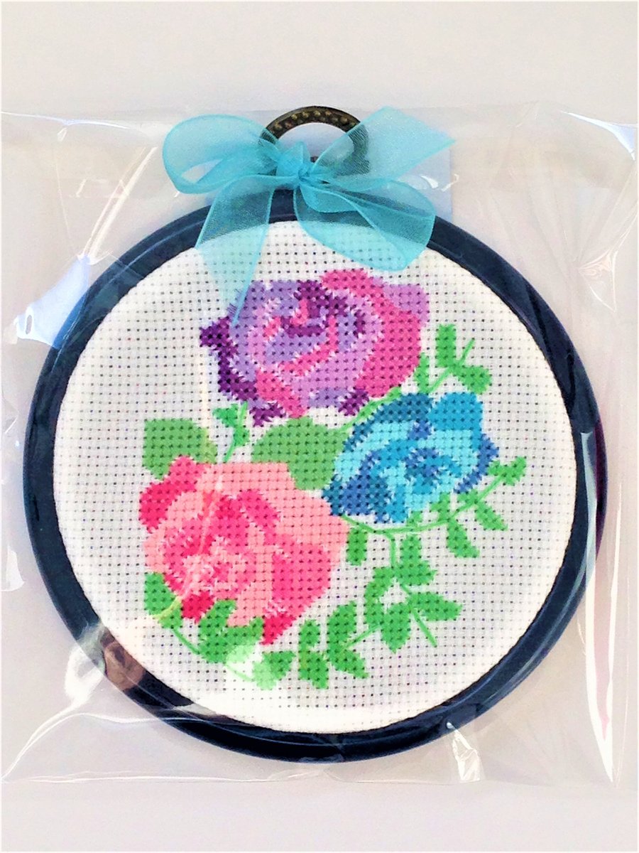 Vintage Roses floral cross stitch hoop decoration