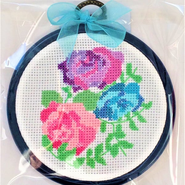 Vintage Roses floral cross stitch hoop decoration